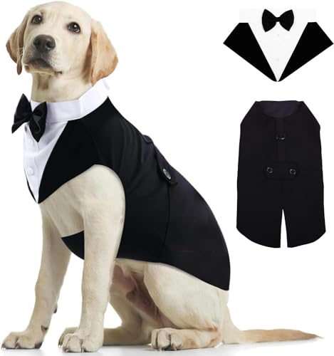 Kuoser Hund Smoking Anzug & Bandana Set, Haustier Fomal Kleidung Hunde Mantel mit Abnehmbarer Fliege, Hundeanzug Welpe Kostüm Shirt für Hochzeit Halloween Geburtstag Party, S-XXL von Kuoser