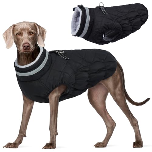 Kuoser Wintermantel für große Hunde, Winddichte & wasserdichte Hundejacke mit Weichem Fleecefutter, Reflektoren, Pelzkragen, Reißverschluss & D-Ring, Warme Hundebekleidung für Outdoor, XL von Kuoser