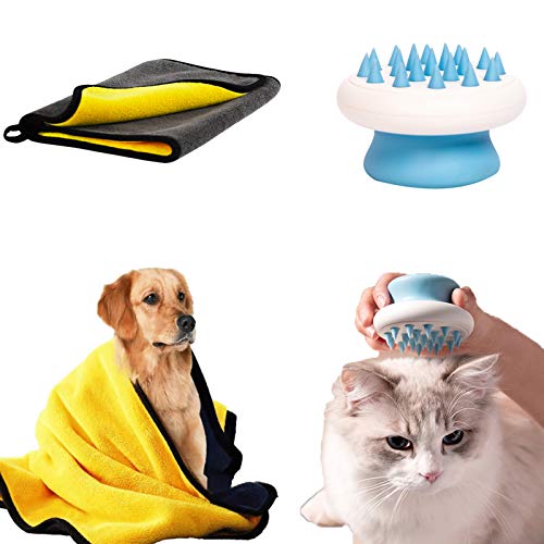KuraMart Ultraweiches Silikon-Pflege-Shampoo für Haustiere, zum Ausfallen, Trocken, Nassmassage, Bad, Enthaarungsbürste und saugfähige Mikrofaser, Handtuch für Hunde und Katzen (blau) von KuraMart