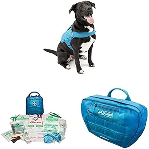 Kurgo RSG Townie Hundegeschirr, Einfaches Anlegen und Abnehmen,Größe L, Blau+Erste-Hilfe-Set für Hunde,Kompatibel mit RSG-Geschirren und Gürteln+ Satteltasche für Hunde, Mit zwei Reißverschlusstaschen von Kurgo