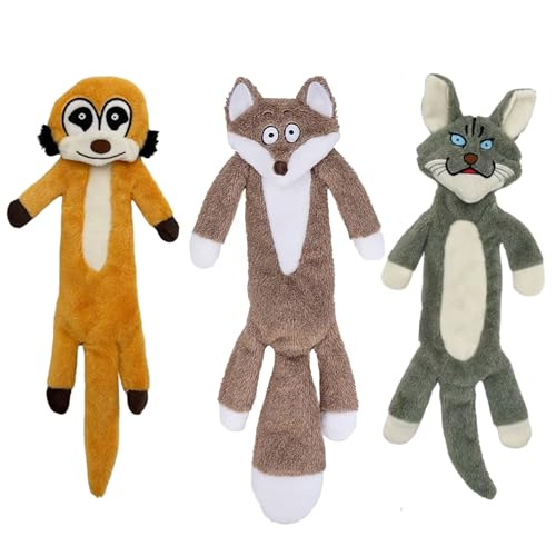 Kuschelfreunde Hundespielzeug ohne Füllung, Quietschendes Plüschspielzeug für kleine bis mittelgroße Hunde & Welpen (3er Pack Erdmännchen, Roter Fuchs, Karakal) von Kuschelfreunde e. U.