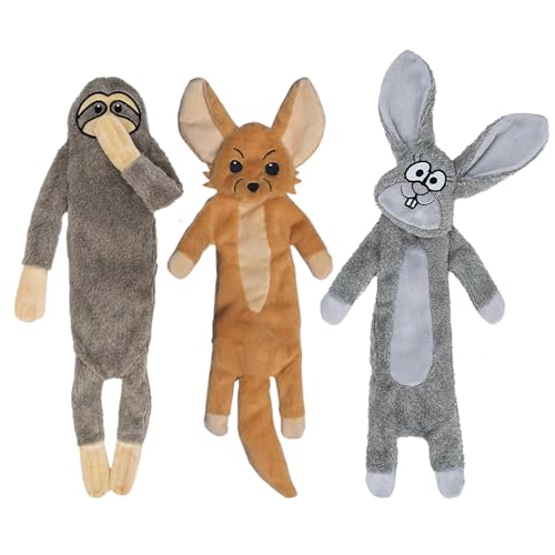 Kuschelfreunde Hundespielzeug ohne Füllung, Quietschendes Plüschspielzeug für kleine bis mittelgroße Hunde & Welpen (3er Pack Faultier, Fennec Fuchs, Kaninchen) von Kuschelfreunde e. U.