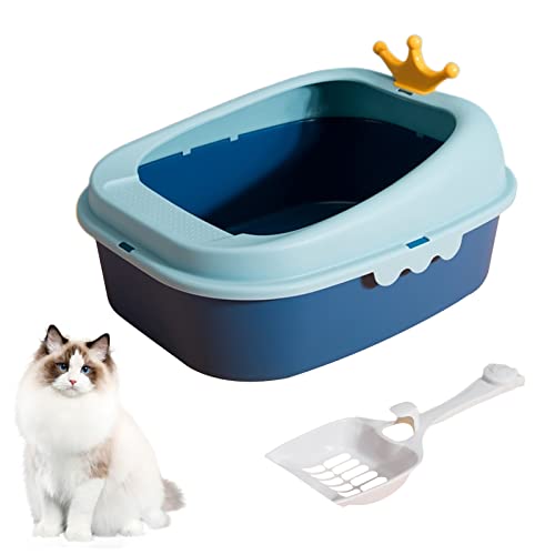 Kwude Katzentoilette mit erhöhtem Anti-Spritz-Katzentoilette mit Streu-Siebschaufel, halbgeschlossen, abnehmbar, verhindert Sandaustritt, leicht zu reinigen und zu montieren (groß, blau) von Kwude