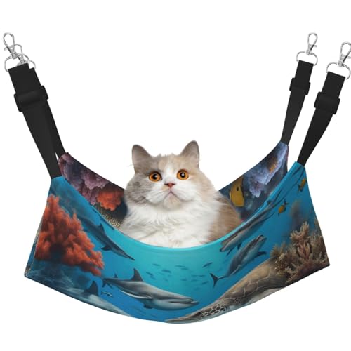 Kycvds Delfine, Meeresschildkröte, Hai, Oktopus, Korallenriff, Katzen-Hängematte für Käfig, verstellbar, Schlafunterlage für kleine Haustiere von Kycvds