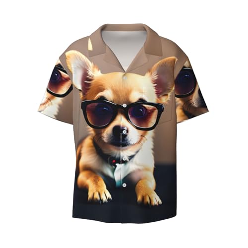 Kycvds Herrenhemd mit Chihuahua-Brille, kurzärmelig, mit Tasche, S-4XL, kubanisches Hemd, Hawaiihemd, Schwarz, Medium von Kycvds