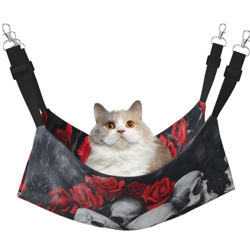 Kycvds Katzen-Hängematte mit Totenkopf und roter Rose, verstellbar, zum Aufhängen, Schlafunterlage für kleine Haustiere von Kycvds