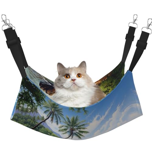 Kycvds Katzenhängematte für Käfig, Motiv: Hawaiianischer Strand mit Palmen, verstellbar, Schlafunterlage für kleine Haustiere von Kycvds
