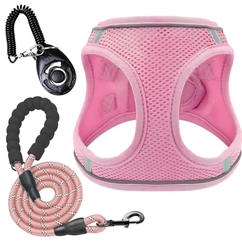 Hundegeschirr und Leine, leicht, Netzgewebe, Haustierweste, Anti-Zieh-Hundehalsband mit Leinen-Clicker für Spaziergang-Training (Rosa, XS) von Kyndara
