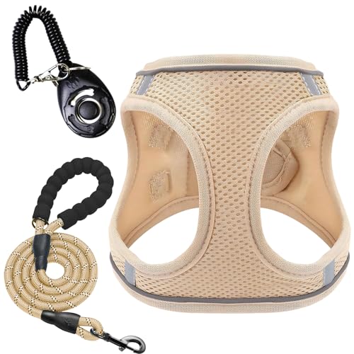 Hundegeschirr und Leine, leichtes Netzgewebe, Haustierweste, Anti-Zieh-Hundehalsband mit Leinen-Clicker für Spaziergang-Training (Khaki, XS) von Kyndara