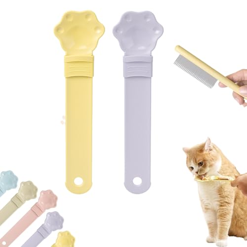 Katzenfutterstation, glücklicher Löffel für Katzen, Katzenstreifen, multifunktionaler Katzenfutterspender für Hunde und Katzen (Gelb + Violett) von KyneLit