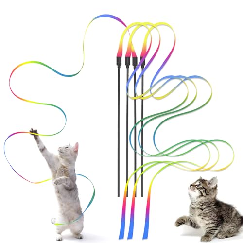 Kzouenzu Katze Zauberstab, Katze Wand Interaktives Spielzeug [4 Stück], Interaktives Katzen Regenbogenstab Schnurspielzeug, Interaktiver Zauberstab Für Katzen Für Trainingsgerät Indoor von Kzouenzu