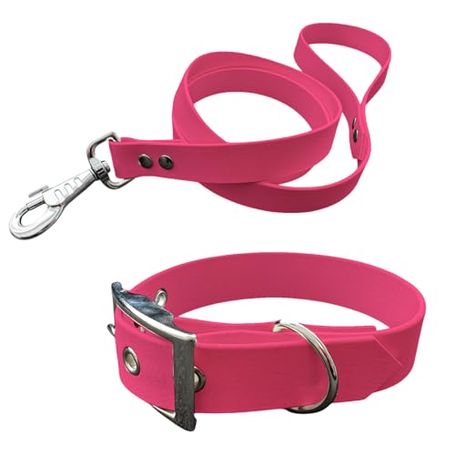 Halsband und Leine für Hunde aus BioThane, mittlere Breite (45-55 cm, Neonrosa) von L'Atelier du Fourmilier