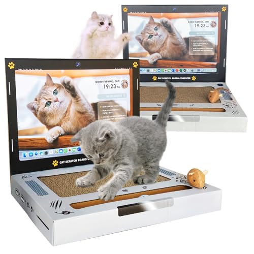 L&W BROS. 3-in-1-Katzenkratzer aus Karton, Laptop-Spielzeug mit flauschiger Maus und Glockenball, Wellpappe, Kratzunterlage für Katzen (2 Stück) von L&W BROS.