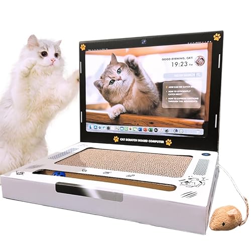 L&W BROS. Karton Katzenkratzer 3-in-1 Katze Laptop Spielzeug mit flauschiger Maus & Glocke Ball Wellpappe Katzenkratzpad für Katzen von L&W BROS.