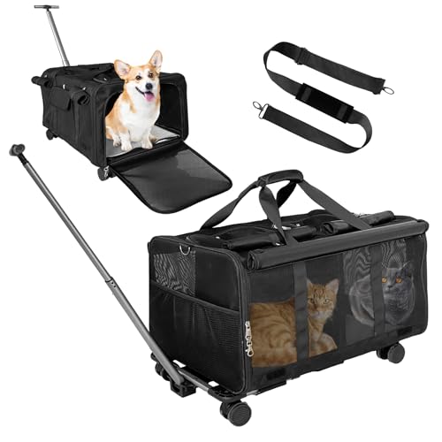 L&W BROS. Katzentrage mit Rädern, Doppelfach, faltbar, für 2 Katzen oder 1 mittelgroße Hunde, robust, rollbar, für bis zu 22,7 kg, extra große Katzen-Reisetasche für unterwegs, Schwarz von L&W BROS.