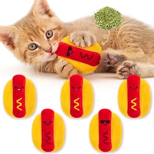 L1rabe Hot Dog Katzenminze-Spielzeug – Sommer 5 niedliche Hot-Dog-Katzen-Geräuschspielzeuge, interaktives Haustierzubehör, Kätzchen, Kauen, Beißen, Kick-Kratzwerkzeuge, Katzenminze, Katzenliebhaber von L1rabe