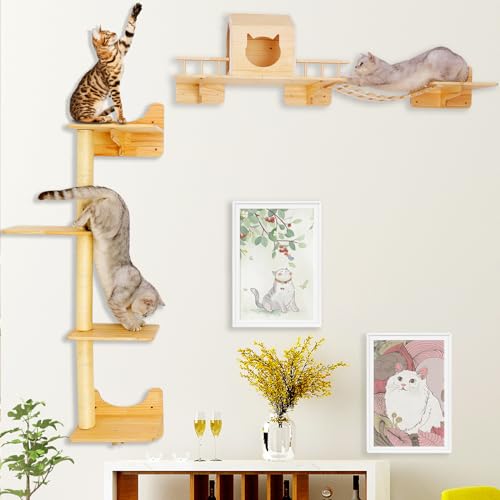 Katzen Kletterwand Set,Katzenregale für die Wand, wandmontiertes Katzenmöbel-Set, Katzenwandregal mit 1 Katzenhaus, 1 Brückenleiter, 3 Kratzpfosten und 5 Stufen Katzen Kletterwand Set,Katzenregale für die Wand, wandmontiertes Katzenmöbel-Set, Katzenwandregal mit 1 Katzenhaus, 1 Brückenleiter, 3 Kratzpfosten und 5 Stufen von LADVATKIN