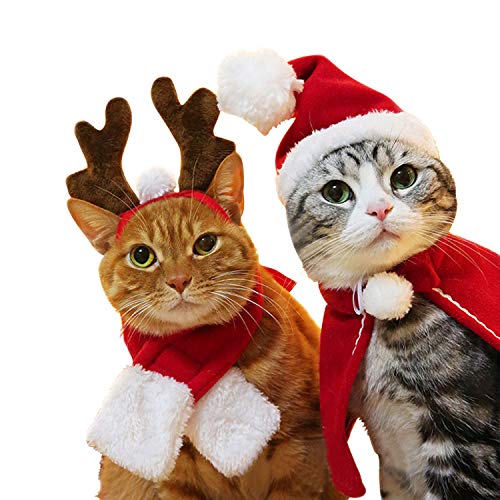 LAEMILIA 4pcs Haustier Kostüm Set Weihnachten Weihnachtsmütze Umhang Schal und Rentier Stirnband Weihnachten Cosplay Kostüm für Katzen und Haustier von LAEMILIA