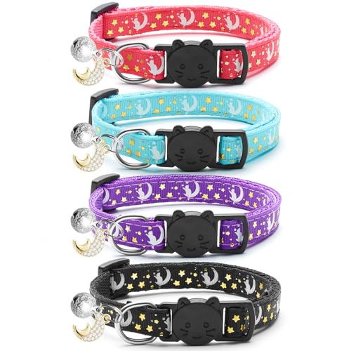 4 Stück Katzenhalsband mit Glöckchen, Mond, Sternen, Kätzchenhalsband und verstellbar, mit Anhänger, Leuchtend, niedliches Katzenhalsband für Mädchen, Jungen, Katzen, Haustiergeschenke, Zubehör 4 Stück Katzenhalsband mit Glöckchen, Mond, Sternen, Kätzchenhalsband und verstellbar, mit Anhänger, Leuchtend, niedliches Katzenhalsband für Mädchen, Jungen, Katzen, Haustiergeschenke, Zubehör von LAFAYI