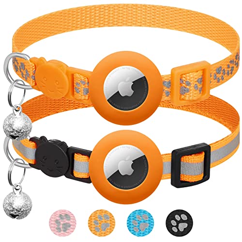 LAFAYI 2er Pack Airtag Katzenhalsband mit Glocke,Reflektierend GPS Tracker Katze Apple Airtag Hülle,Personalisiert Airtag Halsband Katze mit Sicherheitsverschluss,Katzen Halsband,Orange von LAFAYI