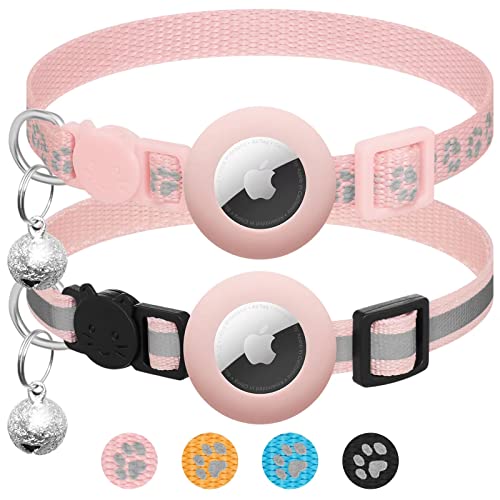 LAFAYI 2er Pack Airtag Katzenhalsband mit Glocke,Reflektierend GPS Tracker Katze Apple Airtag Hülle,Personalisiert Airtag Halsband Katze mit Sicherheitsverschluss,Katzen Halsband,Rosa von LAFAYI