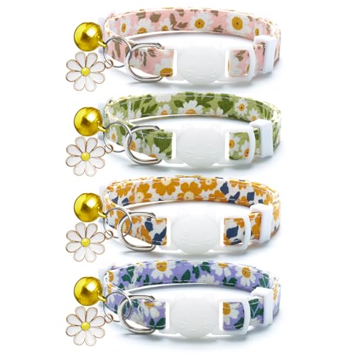 LAFAYI Katzenhalsband aus Baumwolle mit Glöckchen und Blumenanhänger, niedliches Haustierhalsband für Mädchen, Jungen, Katzen, Haustierbedarf, Zubehör, Geschenke, 4 Stück von LAFAYI