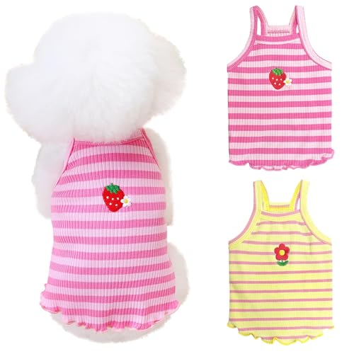 2 Stücke Kleine Mittlere Hunde Sommerkleidung Hund Gestreiftes Shirt Niedliche Blume Erdbeere Stickerei Weste Haustier Outfit für Chihuahua Yorkie Teddy (Rosa-Gelb, S) von LAIBUY