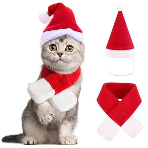 2 x Katzen-Weihnachtsmannmütze mit Schal, Outfit für Welpen, Kätzchen, Weihnachtsfeier, Kostümzubehör 2 x Katzen-Weihnachtsmannmütze mit Schal, Outfit für Welpen, Kätzchen, Weihnachtsfeier, Kostümzubehör von LAIBUY
