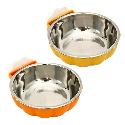 2er-Pack Futternäpfe für Haustierkäfige, Edelstahl, zum Aufhängen, abnehmbare Futter- und Wassernäpfe für Kleintiere, Orange und Gelb von LAIBUY