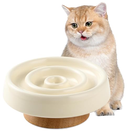 Cat Slow Feeder Bowl Ceramic, Raised Cat Bowls with Wooden Stand, Elevated Cat Food Bowl for Wet Food and Dry Food, Healthy Eating, Dog Slow Feeder Bowl Eating Interactive for Kitten Puppy (Beige) von LAIBUY