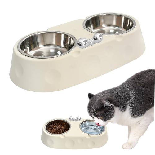 Erhöhte Katzennäpfe mit Käsemuster und Schleifen-Design, 2 in 1 Edelstahl Katzenfutter und Wassernapf Set, rutschfeste doppelte Haustierfutterstation für Katzen und kleine Hunde - Weiß Erhöhte Katzennäpfe mit Käsemuster und Schleifen-Design, 2 in 1 Edelstahl Katzenfutter und Wassernapf Set, rutschfeste doppelte Haustierfutterstation für Katzen und kleine Hunde - Weiß von LAIBUY