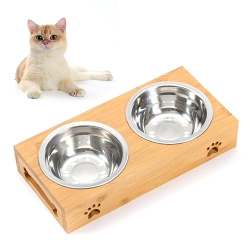 Erhöhte Katzennäpfe mit Ständer, Katzenfutterstation Rack mit 2 Edelstahlnäpfen Erhöhter Katzenfutternapf mit Bambusboden für kleine Welpen von LAIBUY