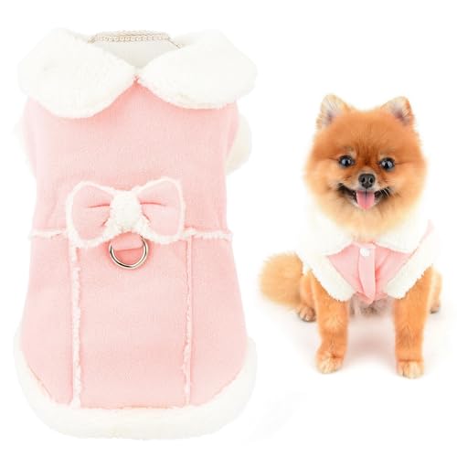 Fleece-Hundemantel für kleine Hunde, Haustiergeschirrjacke mit Schleife und D-Ring, weiche Weste, Herbst-Winterkleidung mit flauschigem Kragen, Chihuahua, Yorkie, Katzenbekleidung, Rosa, XS Fleece-Hundemantel für kleine Hunde, Haustiergeschirrjacke mit Schleife und D-Ring, weiche Weste, Herbst-Winterkleidung mit flauschigem Kragen, Chihuahua, Yorkie, Katzenbekleidung, Rosa, XS von LAIBUY