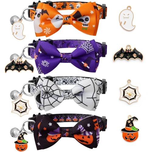Halloween-Katzenhalsband mit Fliege und Glöckchen, Breakaway-Kätzchen-Halsband für Mädchen, Jungen, Katzen, verstellbar, 17,8–30,5 cm, für Kätzchen, erwachsene Katzen, Haustierbedarf, 4 Stück Halloween-Katzenhalsband mit Fliege und Glöckchen, Breakaway-Kätzchen-Halsband für Mädchen, Jungen, Katzen, verstellbar, 17,8–30,5 cm, für Kätzchen, erwachsene Katzen, Haustierbedarf, 4 Stück von LAIBUY