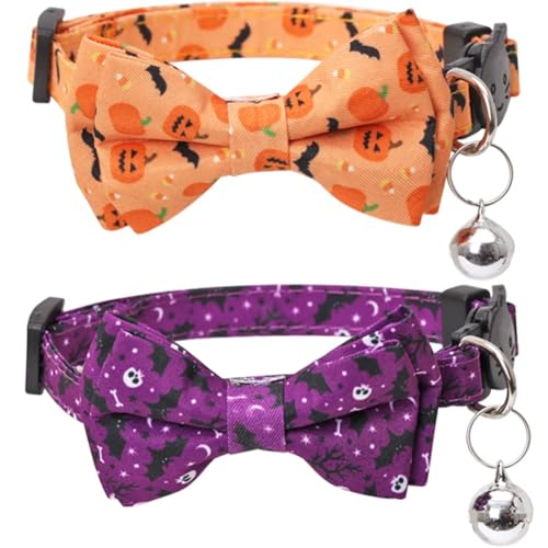Halloween-Katzenhalsband mit niedlicher Fliege und Glöckchen für Kätzchen, verstellbare Sicherheit (Orange + Violett) von LAIBUY