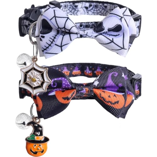 Halloween-Katzenhalsband mit niedlicher Fliege und Glöckchen für Kätzchen, verstellbare Sicherheit (weiß + schwarz) von LAIBUY