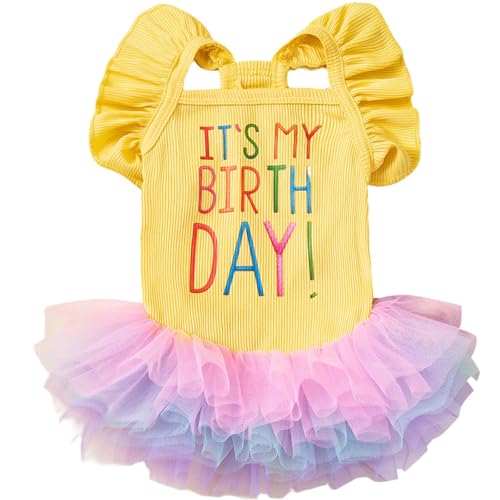 Hunde-Geburtstagskleid "It's My Birthday", für kleine Hunde, Tutu-Kleid, Rüschen, ärmellos, Welpenkleidung, Tüll, Spitzenrock, Haustierkostüm, Katzen-Outfits (Gelb, L) von LAIBUY
