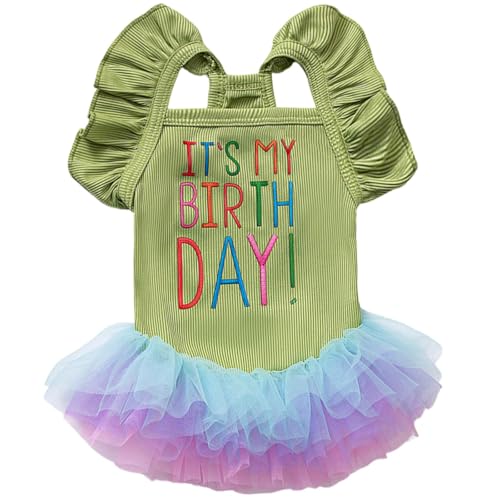Hunde-Geburtstagskleid "It's My Birthday", für kleine Hunde, Tutu-Kleid, Rüschen, ärmellos, Welpenkleidung, Tüll, Spitzenrock, Haustierkostüm, Katzen-Outfits (Grün, S) von LAIBUY