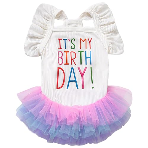 Hunde-Geburtstagskleid "It's My Birthday", für kleine Hunde, Tutu-Kleid, Rüschen, ärmellos, Welpenkleidung, Tüll, Spitzenrock, Haustierkostüm, Katzen-Outfits (Weiß, XXS) von LAIBUY