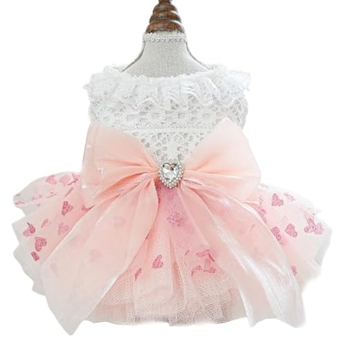 Hunde-Prinzessinnenkleid mit Herzmuster und Schleife, Welpenkleidung für kleine Hunde, Mädchen, ausgefallenes Katzen-Geburtstags-Outfit, Haustier-Hochzeitskleider (Rosa-Weiß, Größe S) von LAIBUY