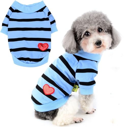 Hunde-Shirts für kleine Hunde, Sommer-T-Shirt, gestreift, Welpenkleidung, Pailletten, Herz-Sweatshirt, weiche Baumwolle, kurzärmelig, Haustierkleidung, Pullover, Chihuahua, Bekleidung, Blau, Größe S Hunde-Shirts für kleine Hunde, Sommer-T-Shirt, gestreift, Welpenkleidung, Pailletten, Herz-Sweatshirt, weiche Baumwolle, kurzärmelig, Haustierkleidung, Pullover, Chihuahua, Bekleidung, Blau, Größe S von LAIBUY