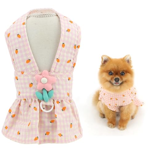 Hundekleid für extra kleine und kleine Hunde, kariert, mit D-Ring, Blumendekor, Sommer, bequeme Haustierkleidung, Yorkie, Chihuahua, Katzen, Bekleidung, Rosa, Größe XS von LAIBUY