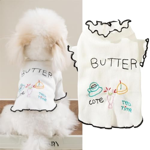 Hundekleidung für kleine Hunde, langärmelig, atmungsaktiv, Welpen-Outfits, niedliche Rüschen, Hundekostüm, Haustier-Sommer-T-Shirt, Katzenkleidung, Yorkie-Shirts, Chihuahua-Kleidung (weiß, S (1,5–2,5 von LAIBUY