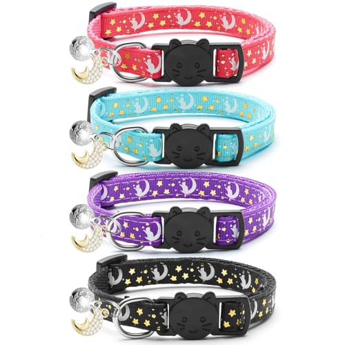 Katzenhalsbänder mit Glöckchen, Mond, Sternen, Kätzchenhalsband und verstellbar, mit Anhänger, leuchtend, niedliches Katzenhalsband für Mädchen, Jungen, Katzen, Haustiergeschenke, Zubehör (4 Farben Katzenhalsbänder mit Glöckchen, Mond, Sternen, Kätzchenhalsband und verstellbar, mit Anhänger, leuchtend, niedliches Katzenhalsband für Mädchen, Jungen, Katzen, Haustiergeschenke, Zubehör (4 Farben von LAIBUY