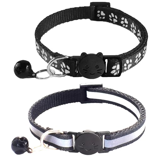 Katzenhalsbänder mit Glöckchen, reflektierendes Design und Krallendruck-Design, Sicherheitsschnalle, verstellbar von 19,1 bis 32,5 cm, Schwarz, 2 Stück Katzenhalsbänder mit Glöckchen, reflektierendes Design und Krallendruck-Design, Sicherheitsschnalle, verstellbar von 19,1 bis 32,5 cm, Schwarz, 2 Stück von LAIBUY