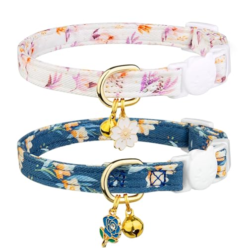 Katzenhalsband, Baumwolle, mit Glöckchen, Weiß und Blau, Blumenanhänger, niedliches Katzenhalsband, 2 Stück Katzenhalsband, Baumwolle, mit Glöckchen, Weiß und Blau, Blumenanhänger, niedliches Katzenhalsband, 2 Stück von LAIBUY