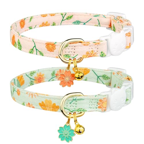 Katzenhalsband aus Baumwolle, Beige und Grün, mit Blumenanhänger, niedliches Katzenhalsband mit Glöckchen, Beige und Grün, 2 Stück Katzenhalsband aus Baumwolle, Beige und Grün, mit Blumenanhänger, niedliches Katzenhalsband mit Glöckchen, Beige und Grün, 2 Stück von LAIBUY