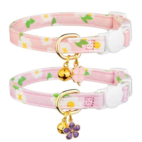 Katzenhalsband aus Baumwolle, mit Glöckchen, Violett und Rosa, Blumenanhänger, niedliches Katzenhalsband mit Glöckchen, 2 Stück Katzenhalsband aus Baumwolle, mit Glöckchen, Violett und Rosa, Blumenanhänger, niedliches Katzenhalsband mit Glöckchen, 2 Stück von LAIBUY