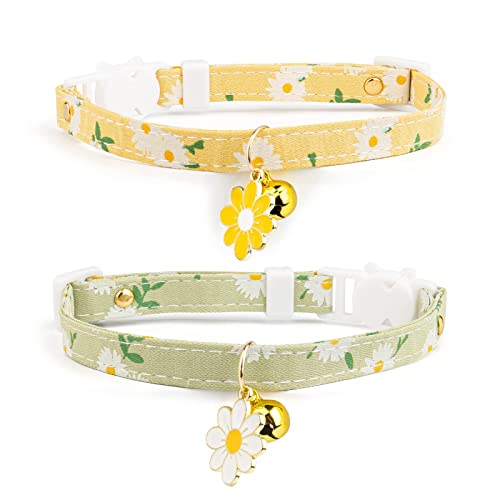 Katzenhalsband aus Baumwolle mit Glöckchen, gelbe und grüne Blumen, niedliches Katzenhalsband, geeignet für Mädchen und Jungen, 2 Stück von LAIBUY
