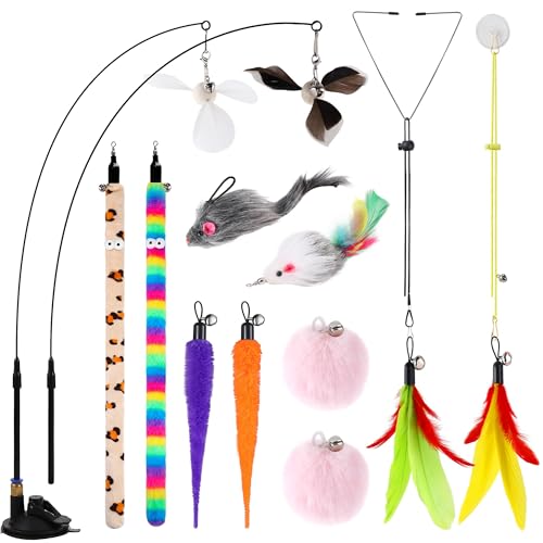 LAIBUY 4-in-1 interaktives Katzenfederspielzeug, 12 Stück, langlebige Angelruten, Katzenfeder-Ersatz, verbesserter Saugnapf, Katzenstab-Spielzeug, 2 Arten, Tür-hängende Katzenschnur, Spielzeug für den LAIBUY 4-in-1 interaktives Katzenfederspielzeug, 12 Stück, langlebige Angelruten, Katzenfeder-Ersatz, verbesserter Saugnapf, Katzenstab-Spielzeug, 2 Arten, Tür-hängende Katzenschnur, Spielzeug für den von LAIBUY